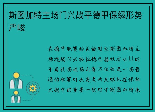 斯图加特主场门兴战平德甲保级形势严峻