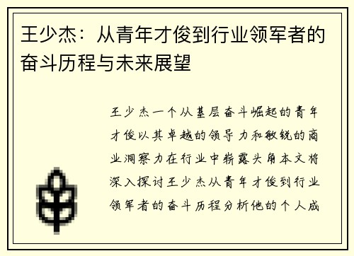 王少杰：从青年才俊到行业领军者的奋斗历程与未来展望