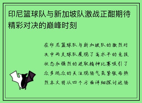 印尼篮球队与新加坡队激战正酣期待精彩对决的巅峰时刻