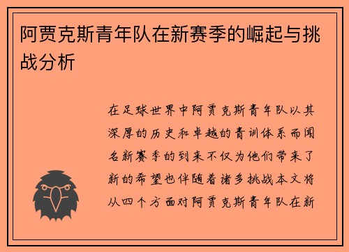 阿贾克斯青年队在新赛季的崛起与挑战分析