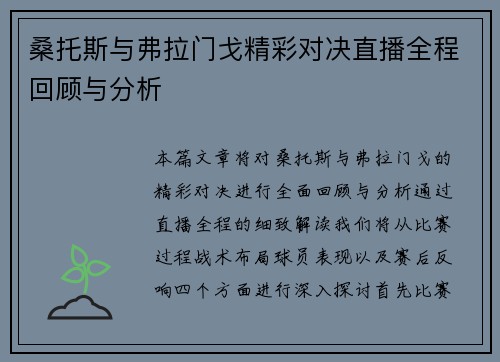 桑托斯与弗拉门戈精彩对决直播全程回顾与分析