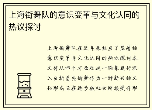 上海街舞队的意识变革与文化认同的热议探讨