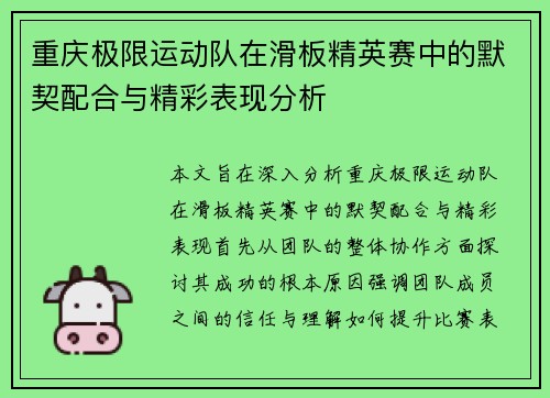 重庆极限运动队在滑板精英赛中的默契配合与精彩表现分析