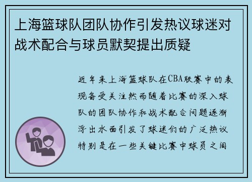 上海篮球队团队协作引发热议球迷对战术配合与球员默契提出质疑